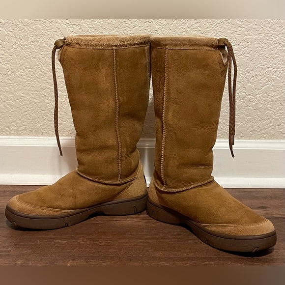 UGG brown leather sheepskin shearling lining tall drawstring boots fold over 9 - Picture 3 of 9